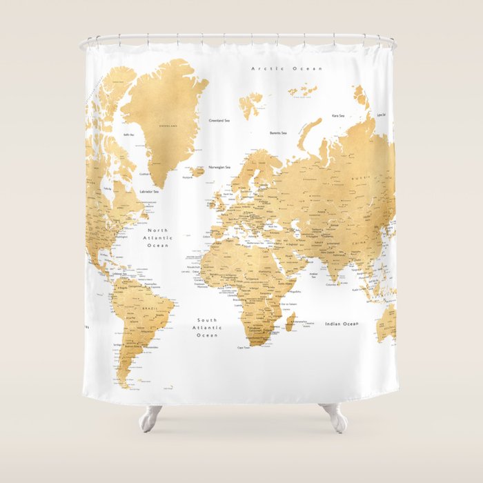 Gold world map with cities Shower Curtain Gallery Image 1