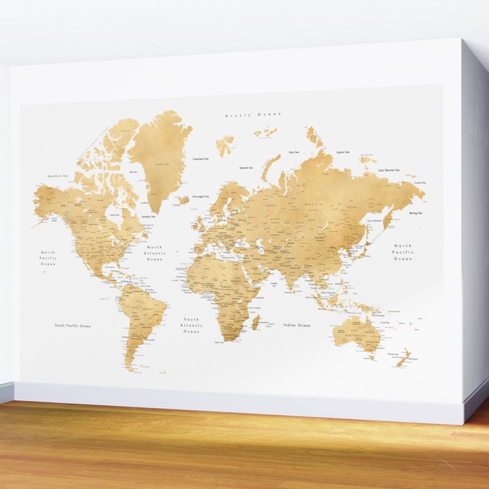 Gold world map with cities Wall Mural Gallery Image 2