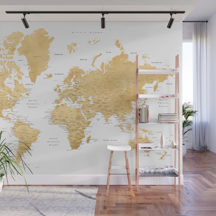 Gold world map with cities Wall Mural Gallery Image 1