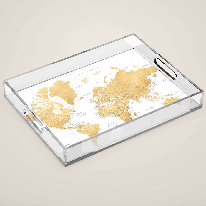 Gold world map with cities Acrylic Tray Gallery Image 1