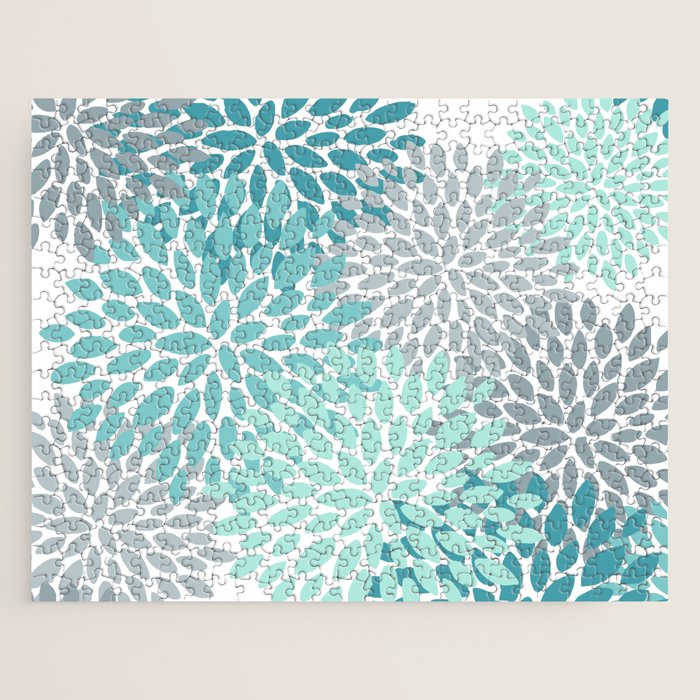 Floral Pattern, Aqua, Teal, Turquoise and Gray Jigsaw Puzzle Gallery Image 1