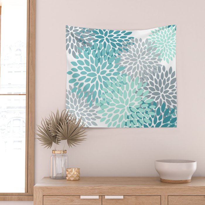 Floral Pattern, Aqua, Teal, Turquoise and Gray Wall Tapestry Gallery Image 2