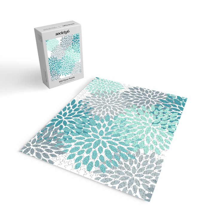 Floral Pattern, Aqua, Teal, Turquoise and Gray Jigsaw Puzzle Gallery Image 2