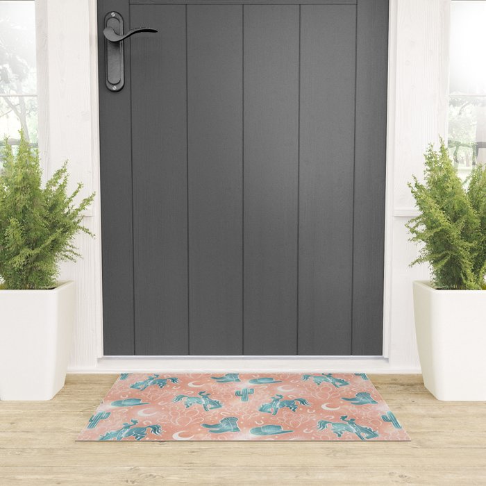 Cosmic Cowboys and Cacti -  peach and turquoise  Welcome Mat Gallery Image 3