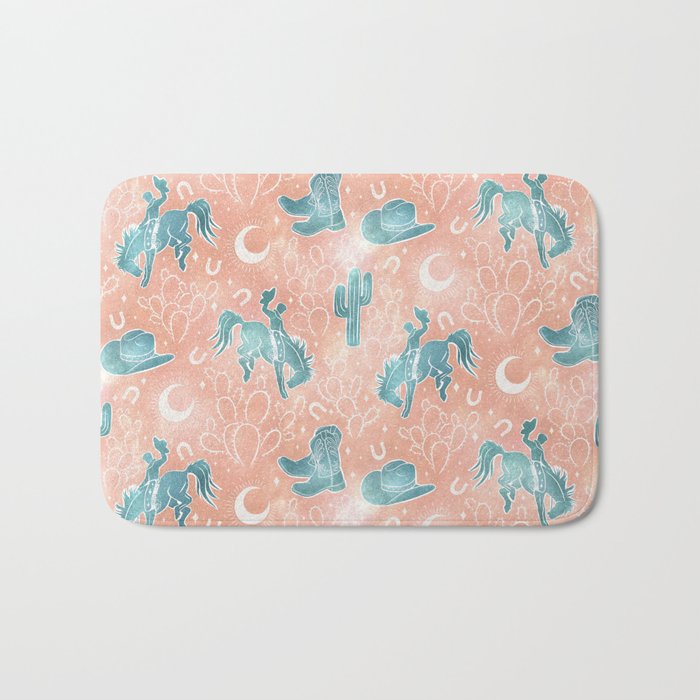 Cosmic Cowboys and Cacti -  peach and turquoise  Bath Mat Gallery Image 1