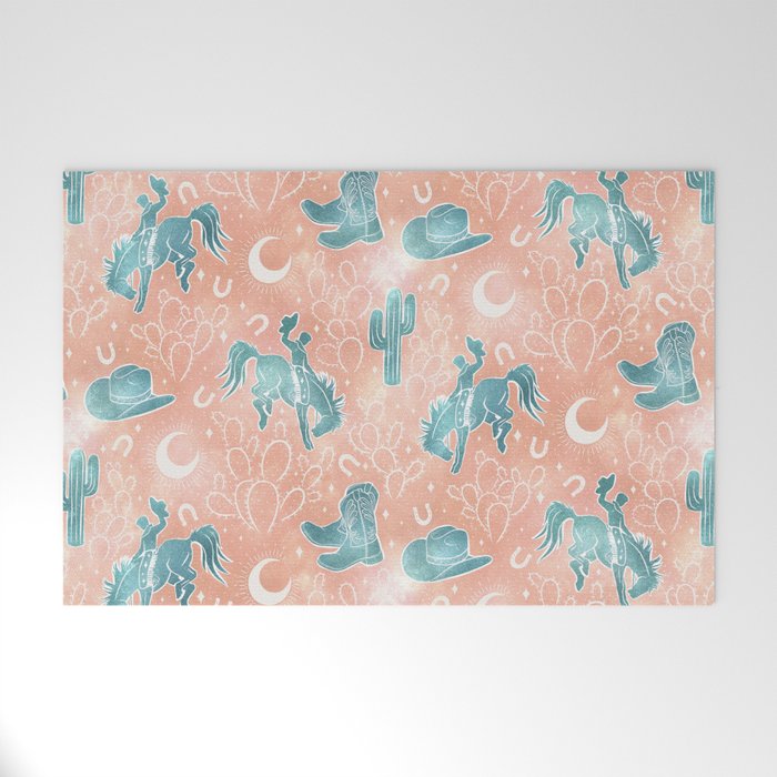 Cosmic Cowboys and Cacti -  peach and turquoise  Welcome Mat Gallery Image 1