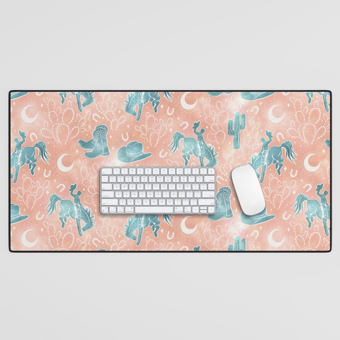 Cosmic Cowboys and Cacti -  peach and turquoise  Desk Mat Gallery Image 1