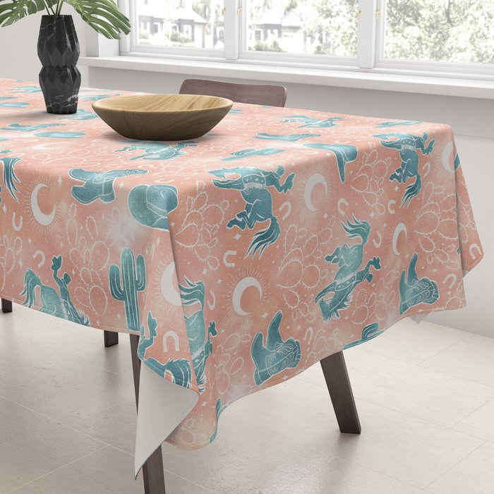 Cosmic Cowboys and Cacti -  peach and turquoise  Tablecloth Gallery Image 3