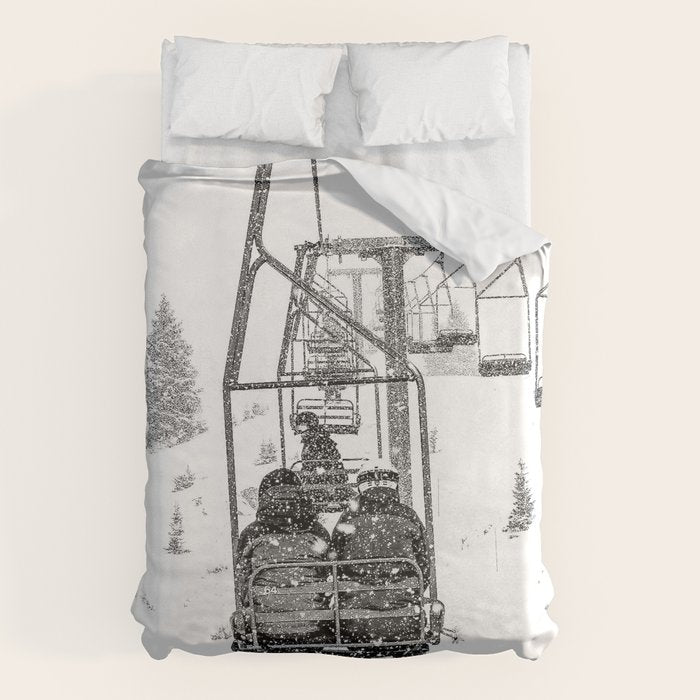 Snow Lift // Ski Chair Lift Colorado Mountains Black and White Snowboarding Vibes Photography Duvet Cover Gallery Image 1