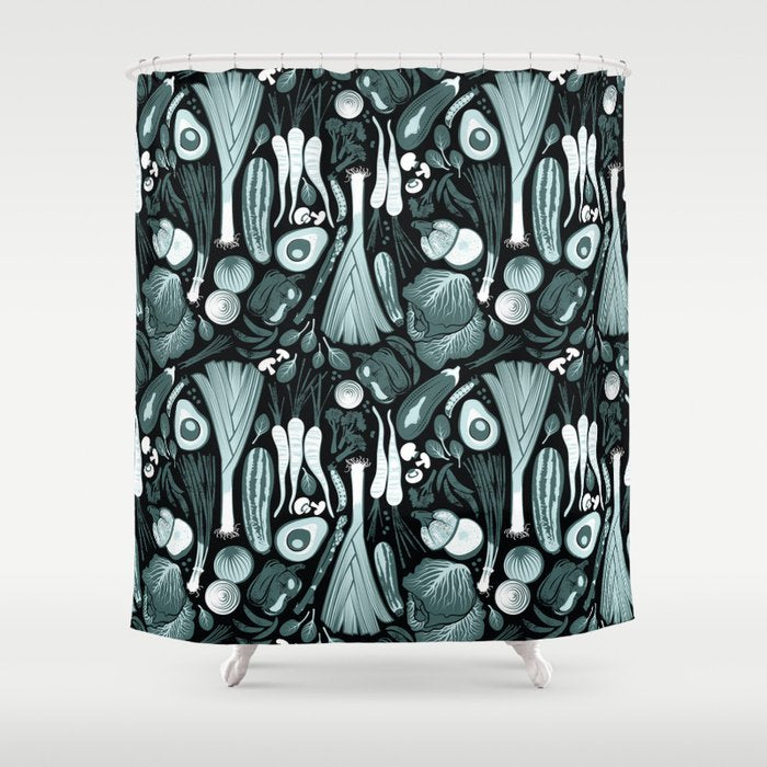 Go veggie // black background pine and mint vegetables Shower Curtain Gallery Image 1