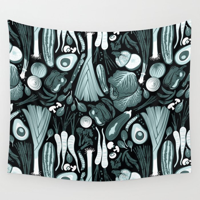 Go veggie // black background pine and mint vegetables Wall Tapestry Gallery Image 1
