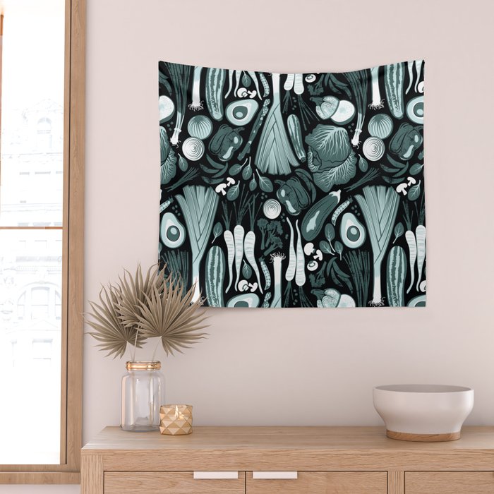 Go veggie // black background pine and mint vegetables Wall Tapestry Gallery Image 2