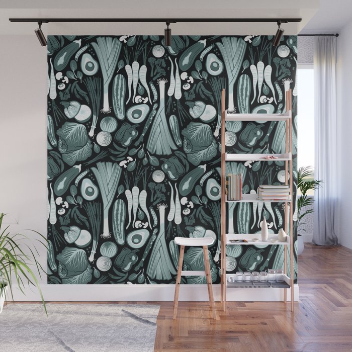 Go veggie // black background pine and mint vegetables Wall Mural Gallery Image 1