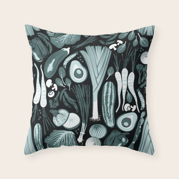 Go veggie // black background pine and mint vegetables Throw Pillow Gallery Image 6
