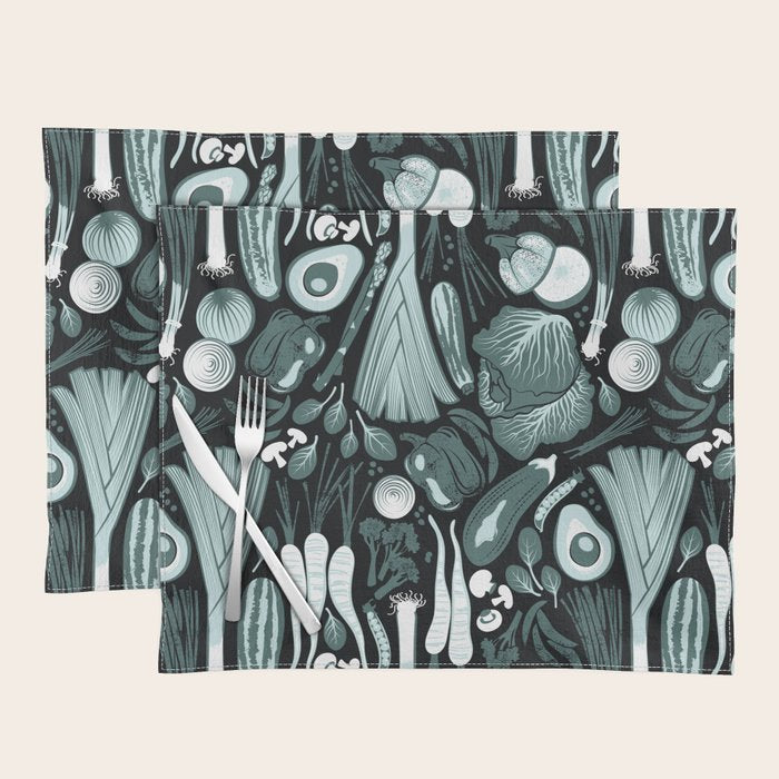 Go veggie // black background pine and mint vegetables Placemat