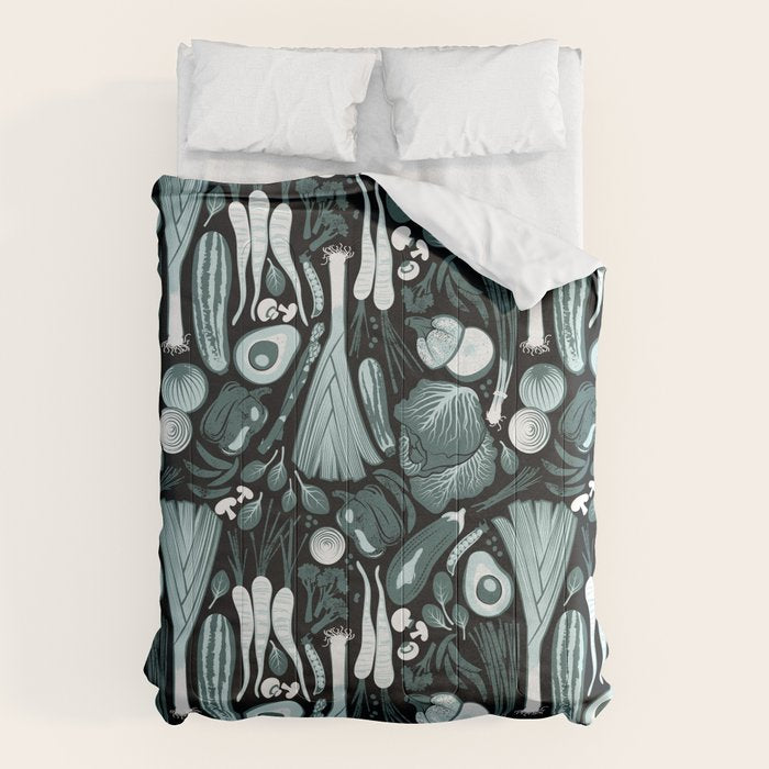 Go veggie // black background pine and mint vegetables Comforter Gallery Image 1