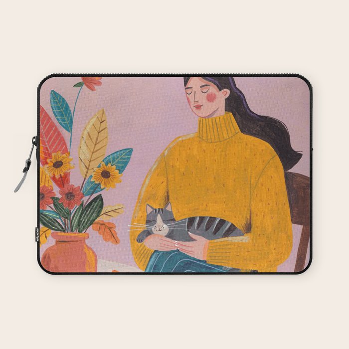 Woman with Cat and Autumn Bouquet Laptop Sleeve Gallery Image 1
