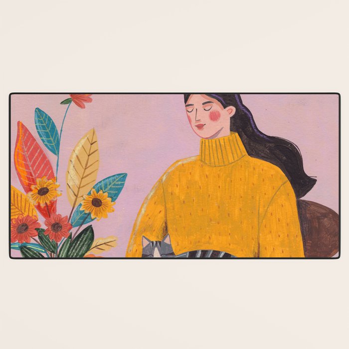 Woman with Cat and Autumn Bouquet Desk Mat Gallery Image 3
