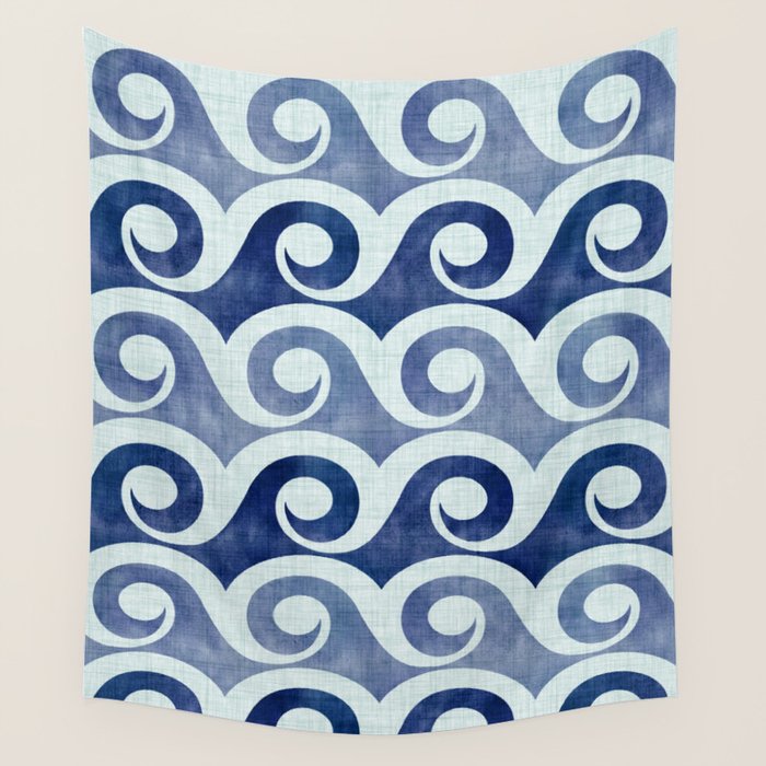 Indigo Geometric Beach Waves Wall Tapestry Gallery Image 1