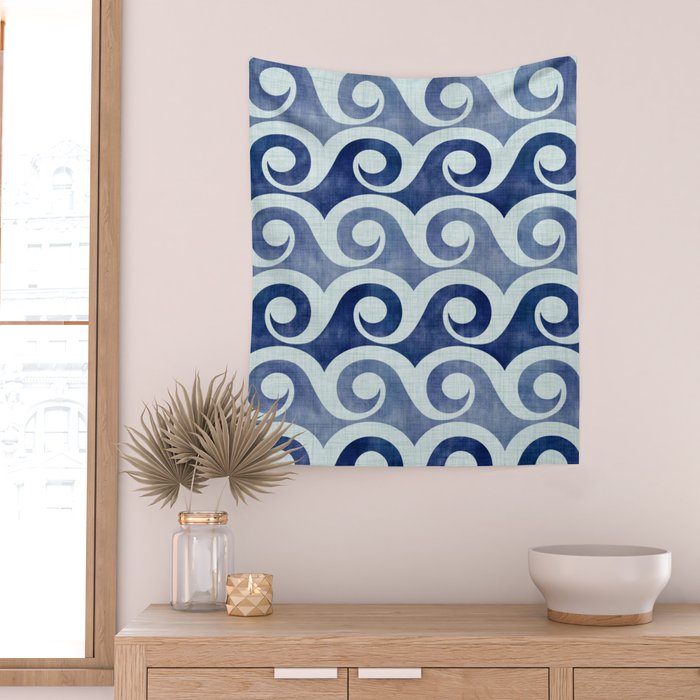 Indigo Geometric Beach Waves Wall Tapestry Gallery Image 2