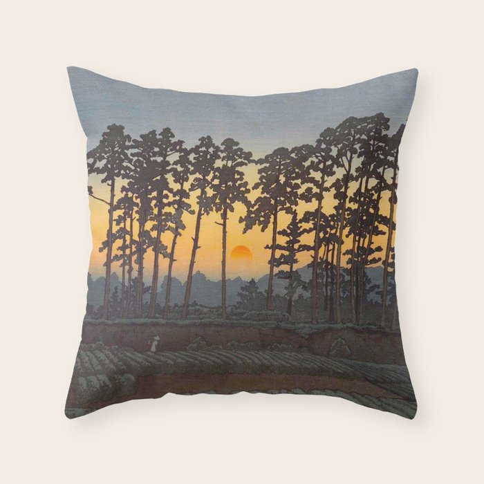 Japanese Woodblock Print Morning Sunrise Farm Tree Silhouette Throw Pillow Gallery Image 1