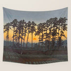Japanese Woodblock Print Morning Sunrise Farm Tree Silhouette Wall Tapestry Gallery Image 4