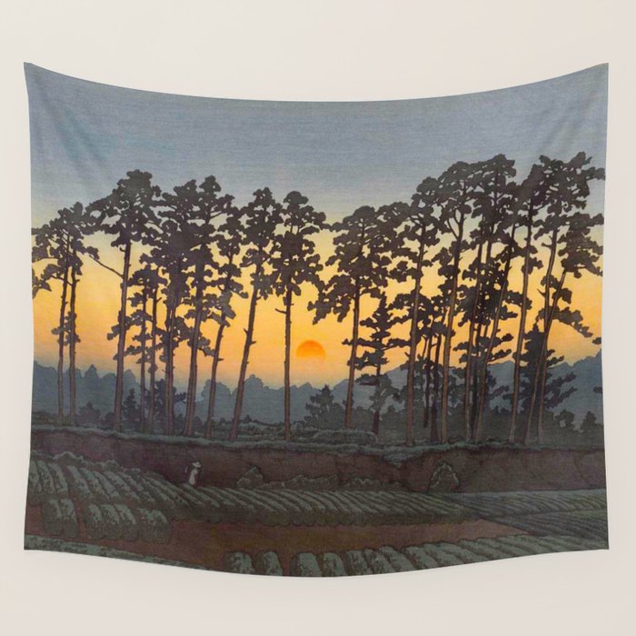 Japanese Woodblock Print Morning Sunrise Farm Tree Silhouette Wall Tapestry Gallery Image 4