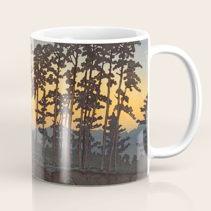 Japanese Woodblock Print Morning Sunrise Farm Tree Silhouette Coffee Mug Gallery Image 1