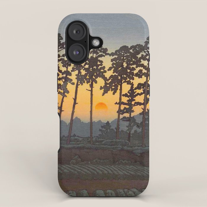 Japanese Woodblock Print Morning Sunrise Farm Tree Silhouette iPhone Case Gallery Image 1