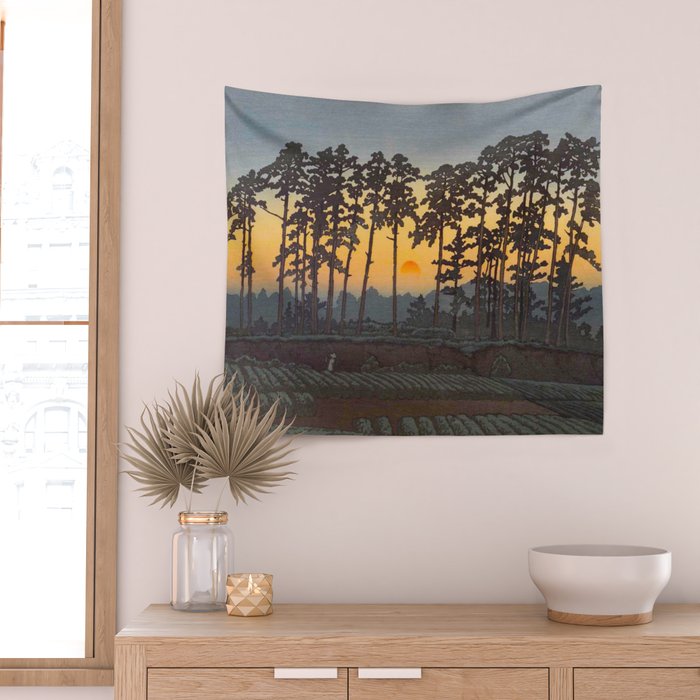 Japanese Woodblock Print Morning Sunrise Farm Tree Silhouette Wall Tapestry Gallery Image 2