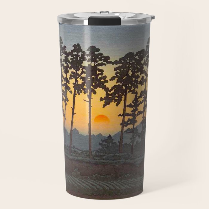 Japanese Woodblock Print Morning Sunrise Farm Tree Silhouette Travel Mug Gallery Image 1