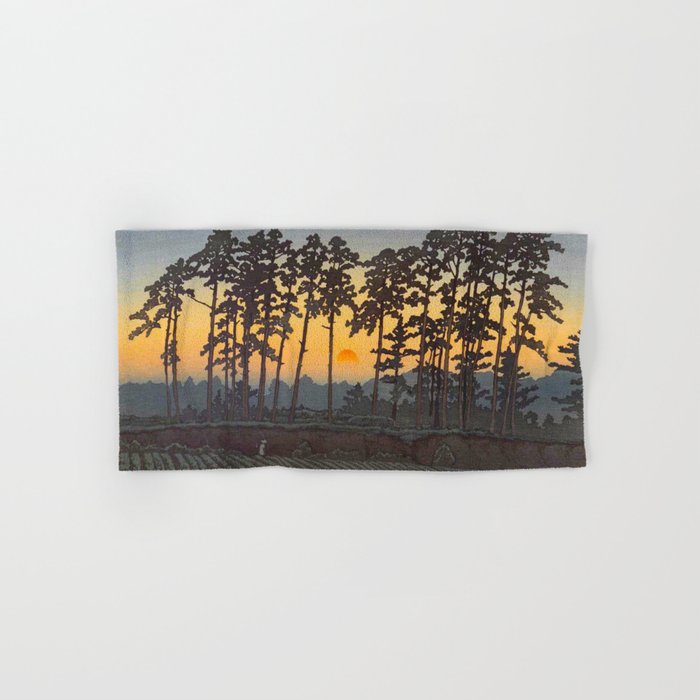 Japanese Woodblock Print Morning Sunrise Farm Tree Silhouette Bath Towel Gallery Image 1