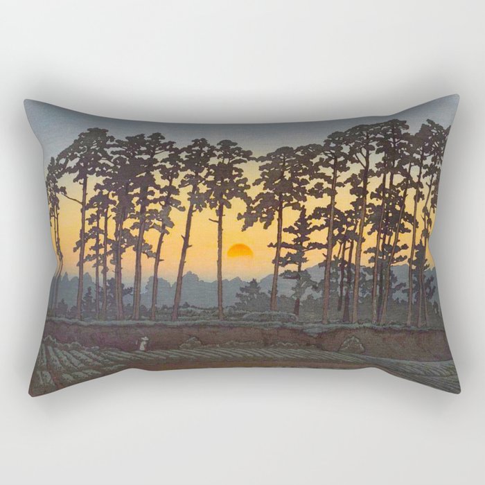 Japanese Woodblock Print Morning Sunrise Farm Tree Silhouette Rectangular Pillow Gallery Image 1