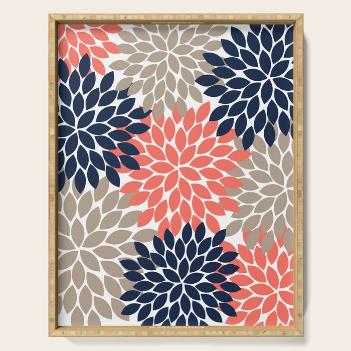 Tan Coral Navy Flower Burst Floral Pattern Serving Tray Gallery Image 1
