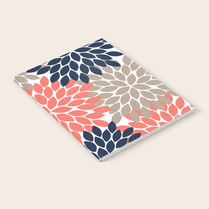 Tan Coral Navy Flower Burst Floral Pattern Notebook Gallery Image 1