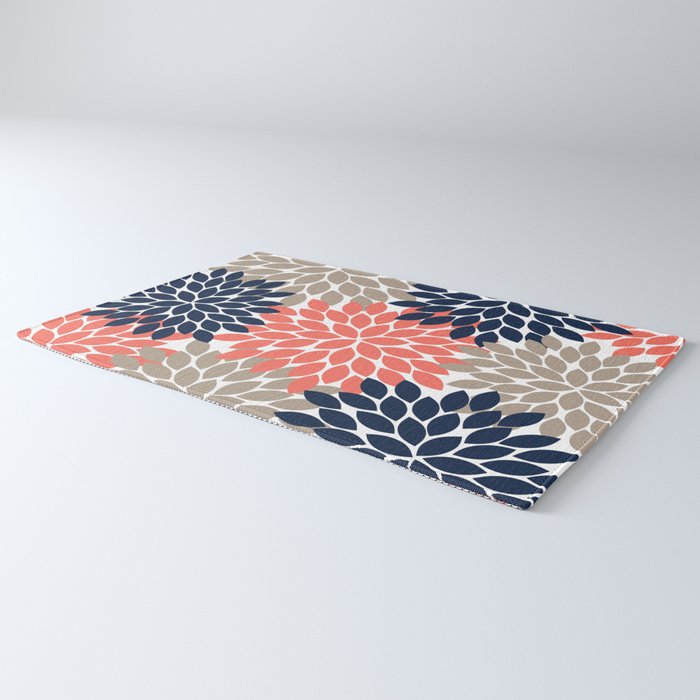 Tan Coral Navy Flower Burst Floral Pattern Rug Gallery Image 3
