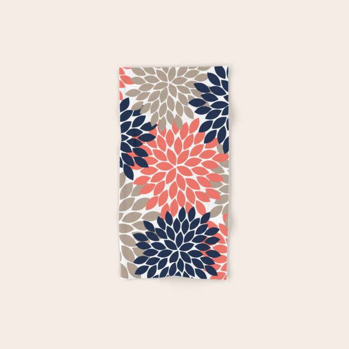 Tan Coral Navy Flower Burst Floral Pattern Bath Towel Gallery Image 1