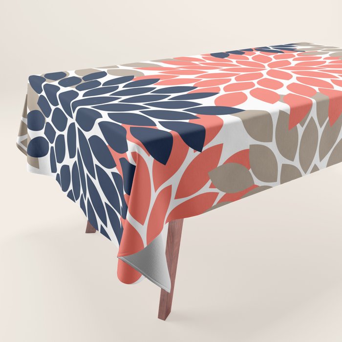 Tan Coral Navy Flower Burst Floral Pattern Tablecloth Gallery Image 1