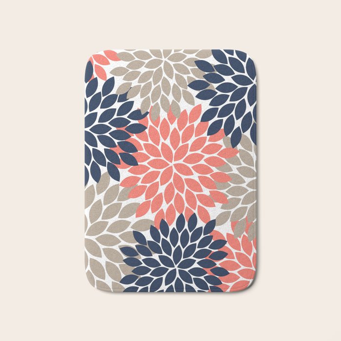 Tan Coral Navy Flower Burst Floral Pattern Bath Mat Gallery Image 1