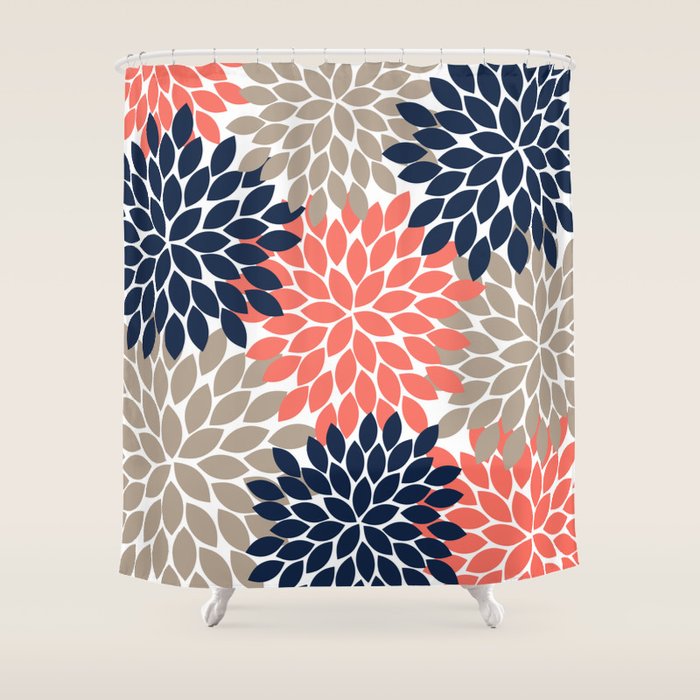 Tan Coral Navy Flower Burst Floral Pattern Shower Curtain Gallery Image 1