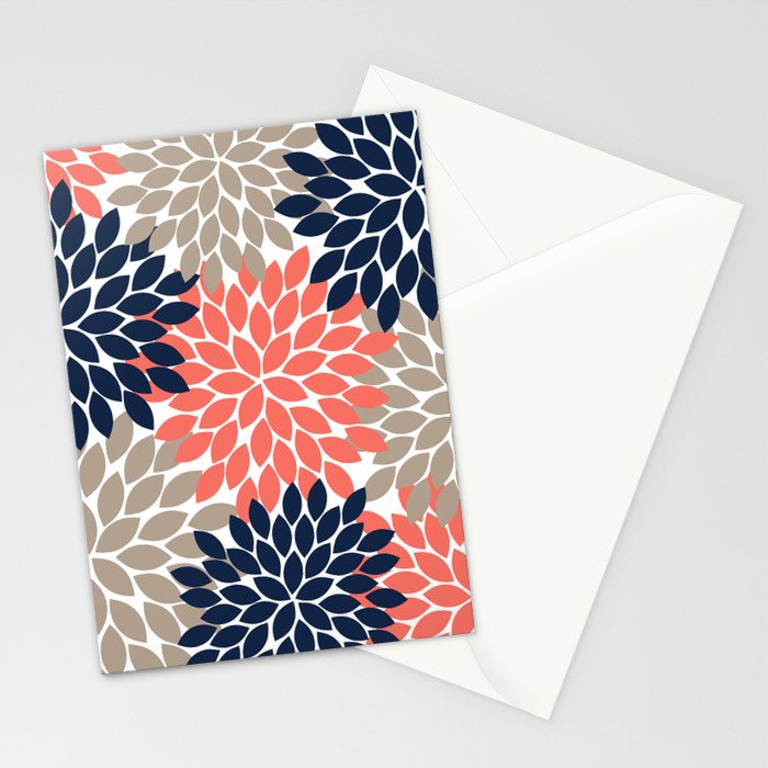 Tan Coral Navy Flower Burst Floral Pattern Stationery Card Gallery Image 2