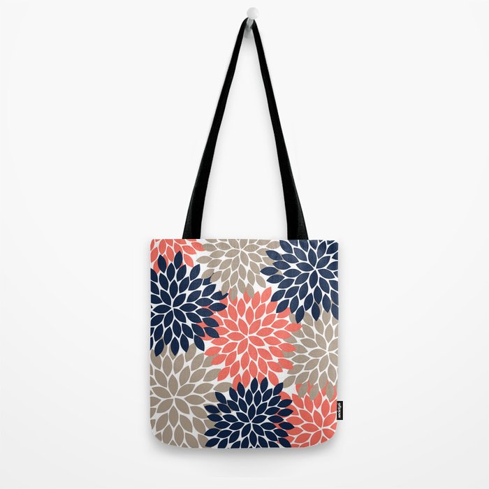 Tan Coral Navy Flower Burst Floral Pattern Tote Bag Gallery Image 2
