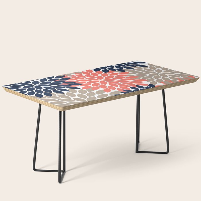 Tan Coral Navy Flower Burst Floral Pattern Coffee Table Gallery Image 1