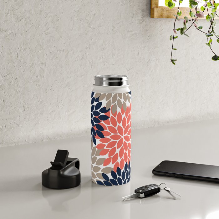 Tan Coral Navy Flower Burst Floral Pattern Water Bottle Gallery Image 4