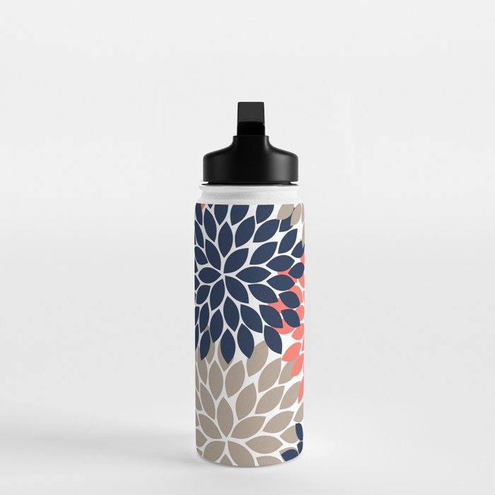 Tan Coral Navy Flower Burst Floral Pattern Water Bottle Gallery Image 3