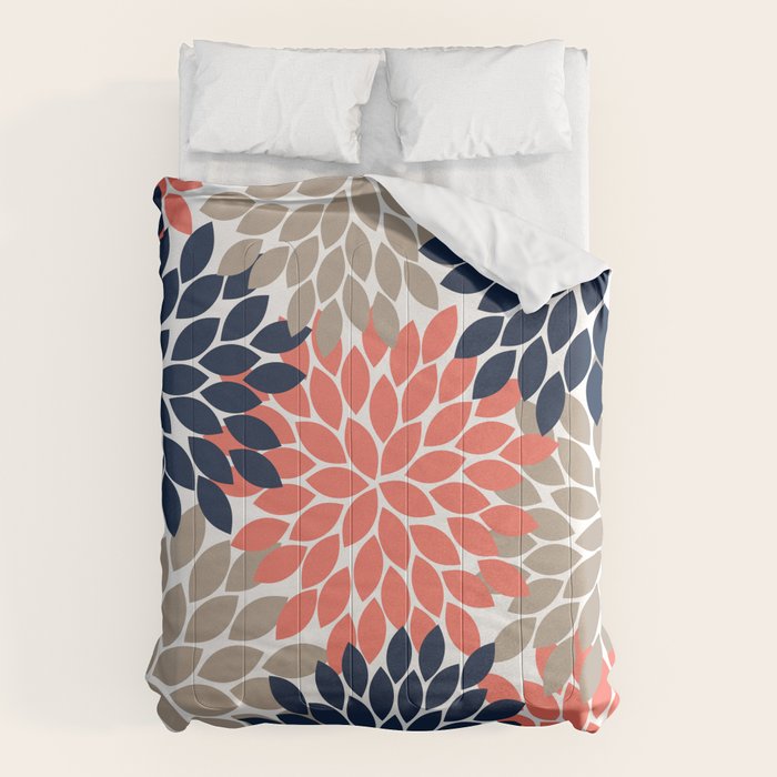 Tan Coral Navy Flower Burst Floral Pattern Comforter Gallery Image 6