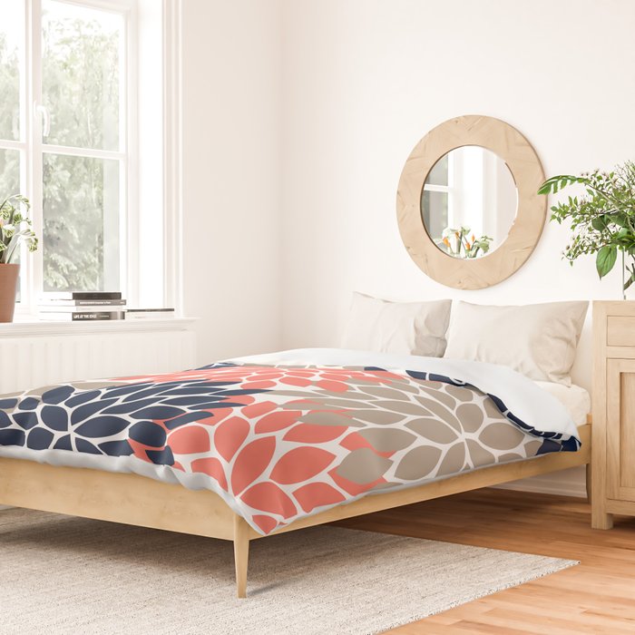 Tan Coral Navy Flower Burst Floral Pattern Duvet Cover Gallery Image 2