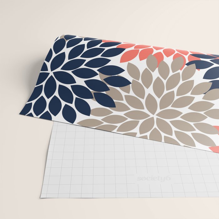 Tan Coral Navy Flower Burst Floral Pattern Wrapping Paper Gallery Image 2
