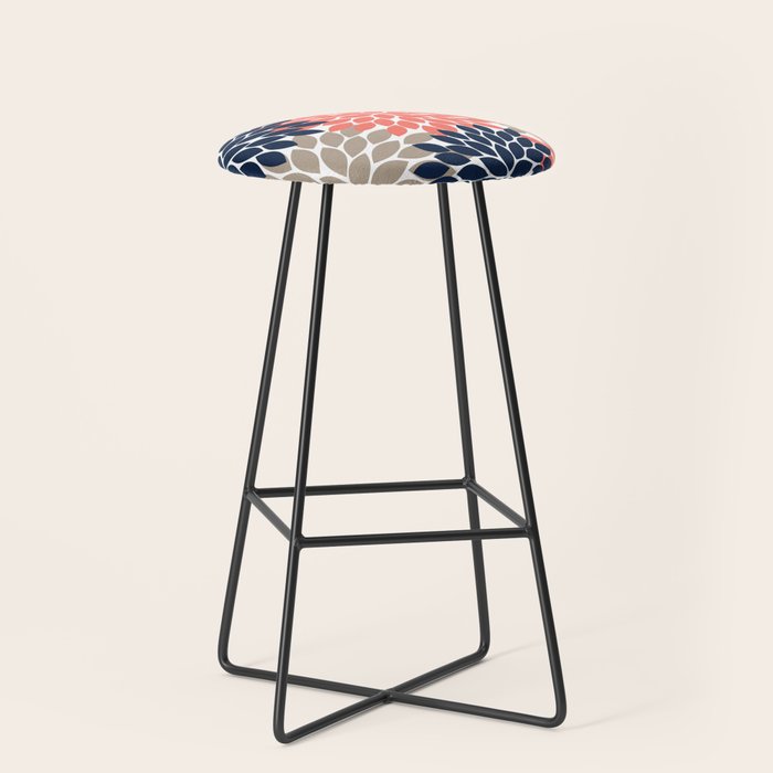 Tan Coral Navy Flower Burst Floral Pattern Stool Gallery Image 1