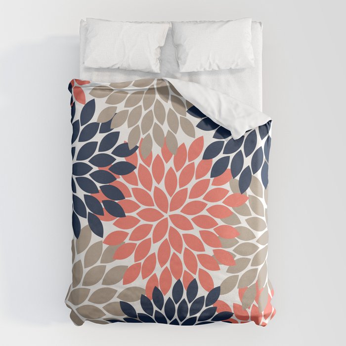 Tan Coral Navy Flower Burst Floral Pattern Duvet Cover Gallery Image 6